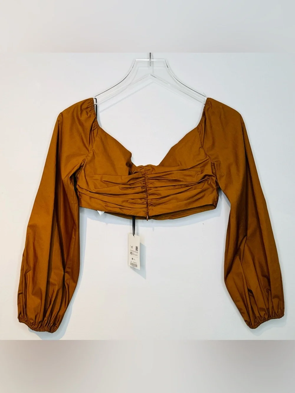 Zara Studio Pecan Brown Gathered Crop Top Balloon Sleeve Top Shirt Blouse NWT